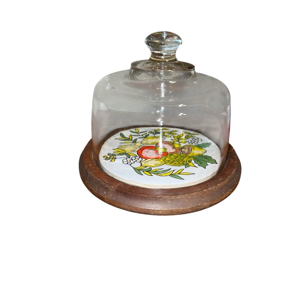 Vintage 1970s‎ Mushroom Vegetable Wood Cheese Board  With Glass Done